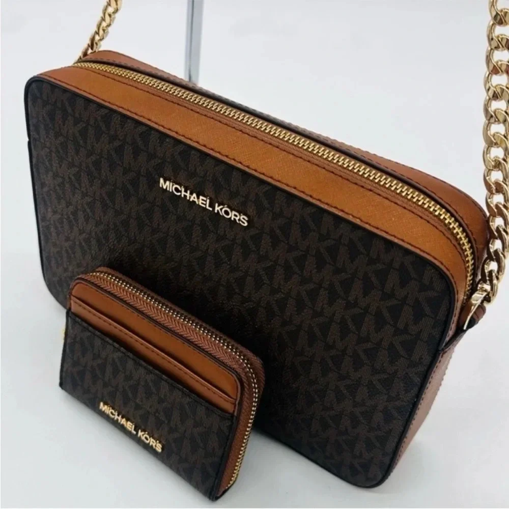 Michael Kors Large EW Crossbody Bag & Jet Set Travel ZA Card Case Wallet Brown - Picture 9 of 11